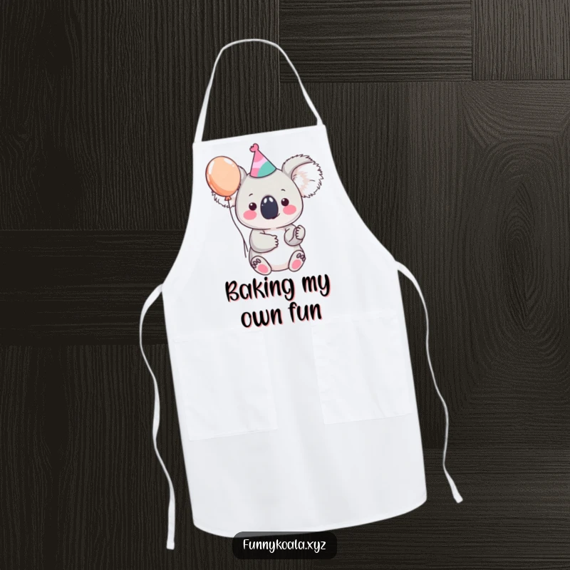 Funny koala apron featuring a cute koala character in a party hat with a balloon, designed for kitchen fun and humorous celebrations.