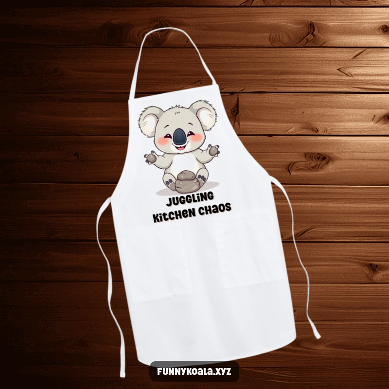 Funny Koala Apron: A mischievous koala attempts to juggle three rocks while cooking, a humorous and practical kitchen accessory.