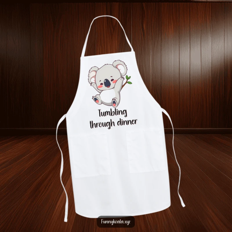 Funny koala apron featuring a koala performing a dynamic somersault, bringing energetic humor to your kitchen attire.