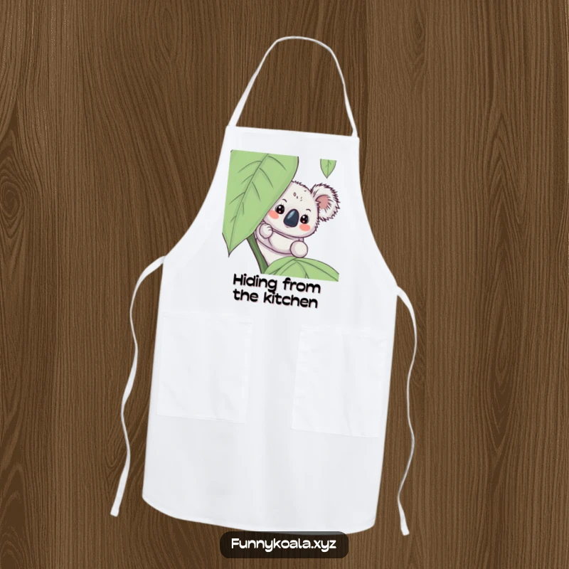 Funny koala apron featuring a curious koala peeking over the pocket, adding a playful and humorous element to cooking tasks.