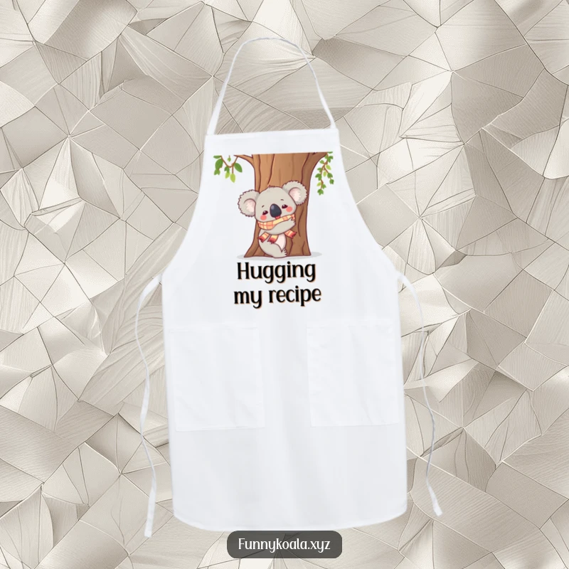 Funny Koala Apron: A koala in a scarf enthusiastically hugs a tree trunk, a charming and humorous apron for cooks.