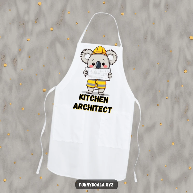 Funny Koala Builder Apron with a koala in a construction vest holding a blueprint, great for kitchen and workshop. Wonderful funny gift.