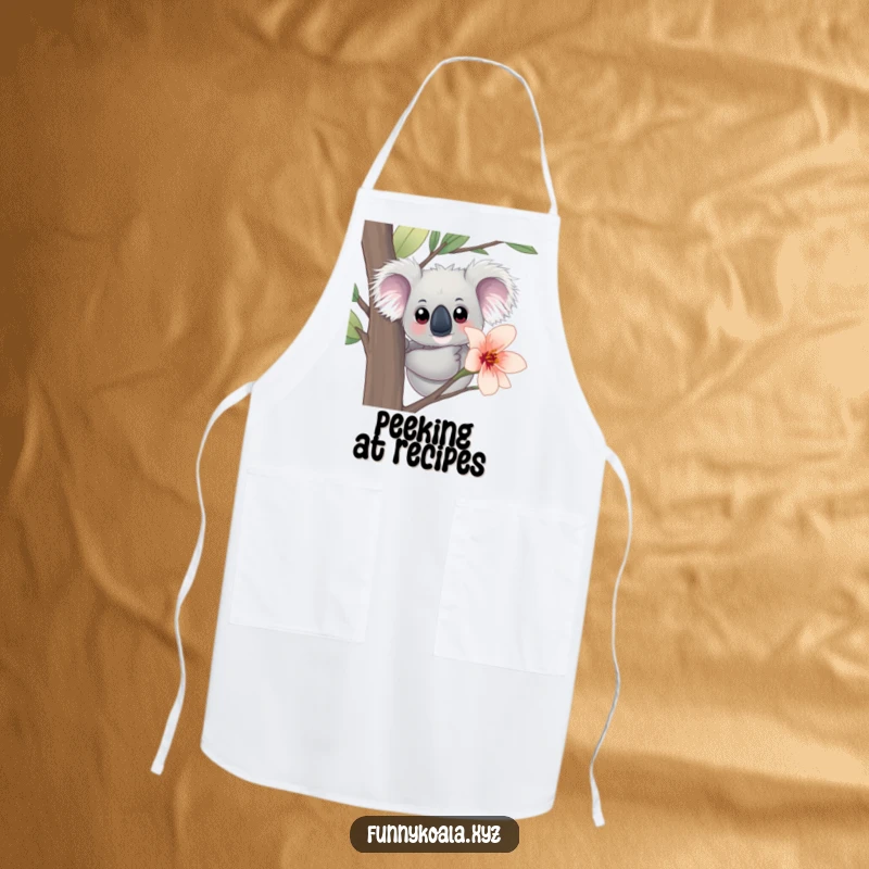 Funny Koala Apron: A curious koala with big eyes peeks from behind a eucalyptus bloom, a humorous and practical kitchen accessory.