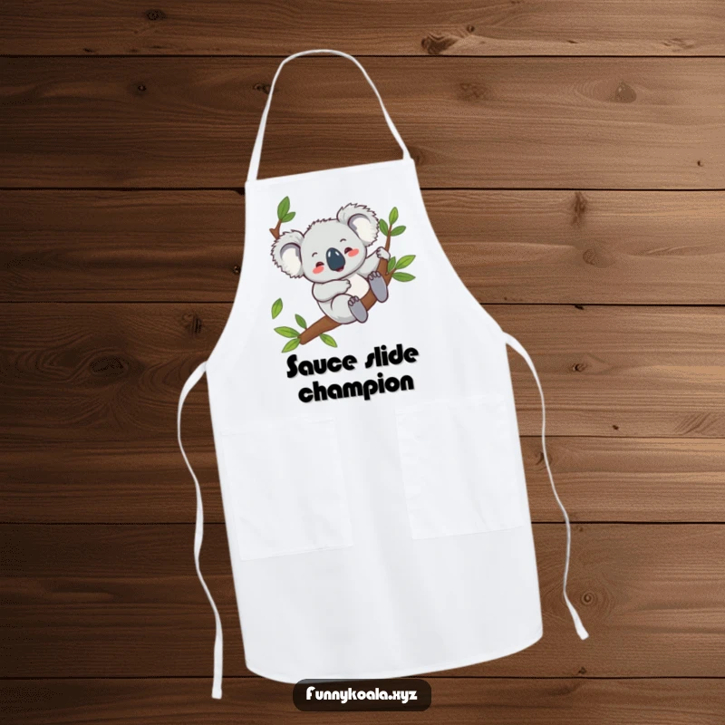 Funny koala apron featuring a giggling koala character sliding down a eucalyptus branch, designed for kitchen fun and humorous cooking.