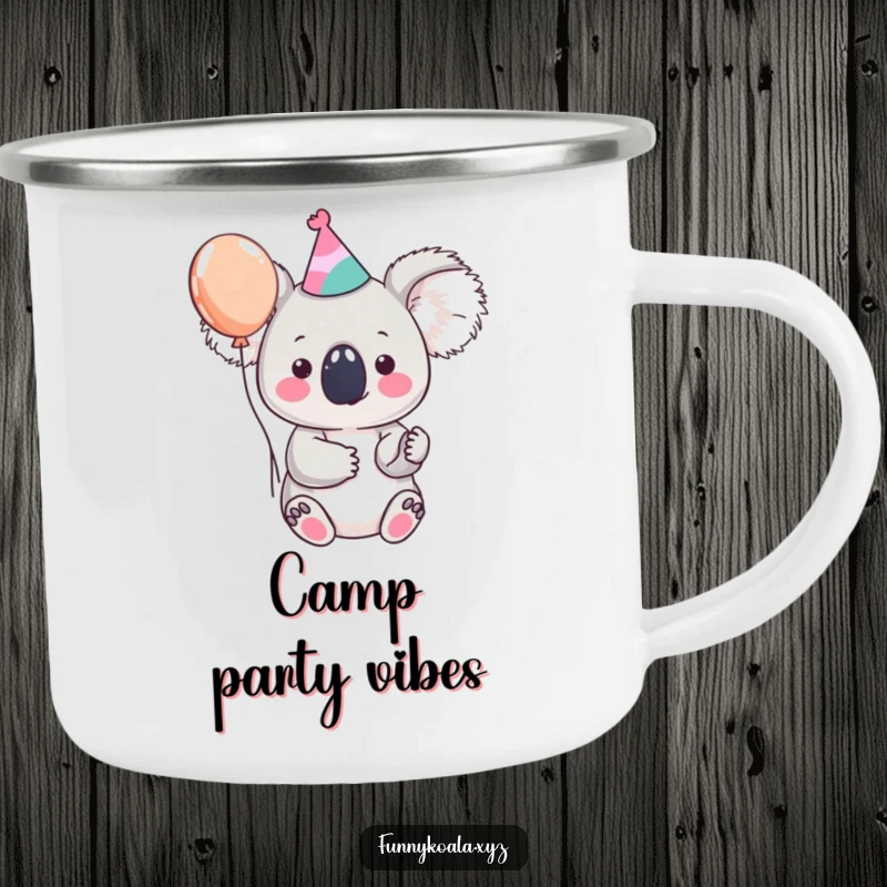 Funny koala camping mug featuring a cute koala character in a party hat holding a balloon, perfect for adventurous celebrations.