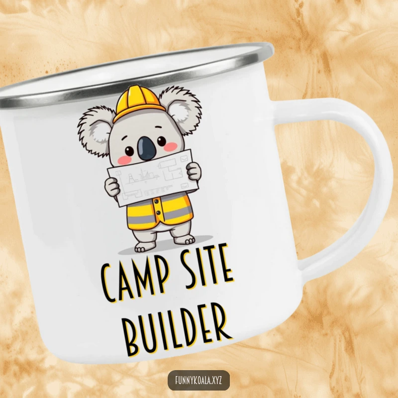 Funny Koala Builder Camping Mug with a koala in a construction vest holding a blueprint, perfect for outdoor use. Great funny gift.