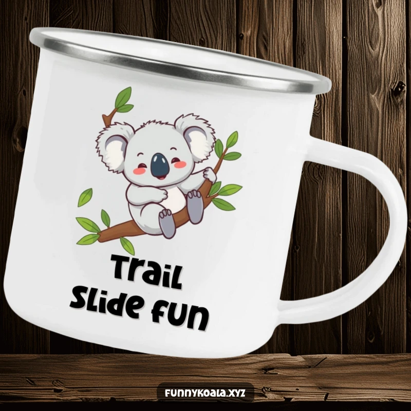 Funny koala camping mug featuring a giggling koala character sliding down a eucalyptus branch, perfect for outdoor fun and humor.