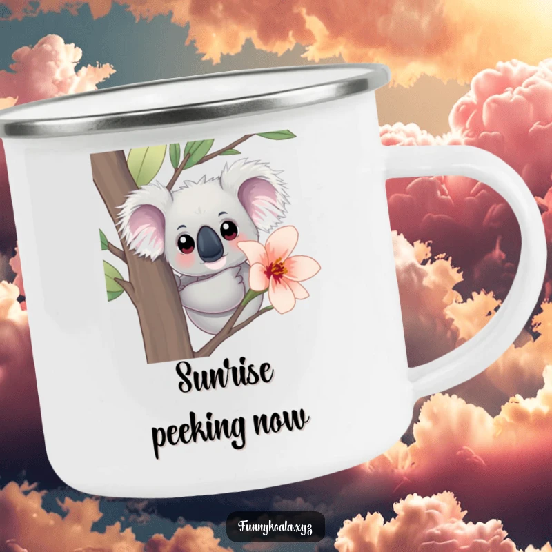 Funny Koala Camping Mug: A curious koala with big eyes peeks from behind a eucalyptus bloom, perfect for outdoor beverages.