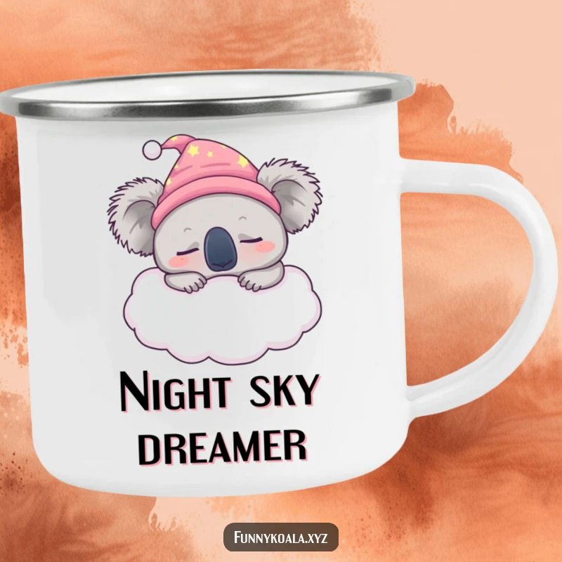 Funny sleepy koala camping mug showing a peaceful koala in a nightcap snoozing on a fluffy cloud, perfect for outdoor relaxation.