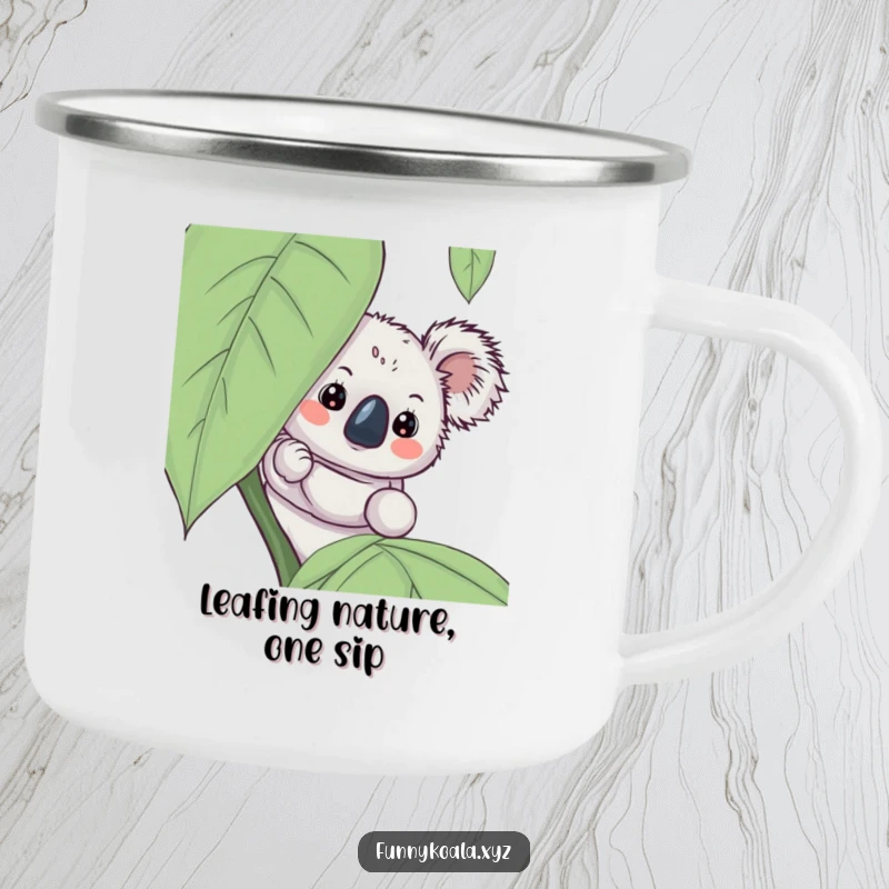 Funny koala camping mug featuring a curious koala peeking from behind a leaf, perfect for enjoying drinks during adventures.