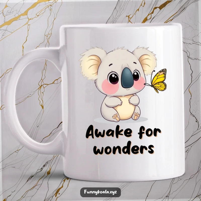 Funny Koala Butterfly Mug showing a koala with wide eyes watching a colorful butterfly flutter near its nose, full of wonder. Great funny gift.
