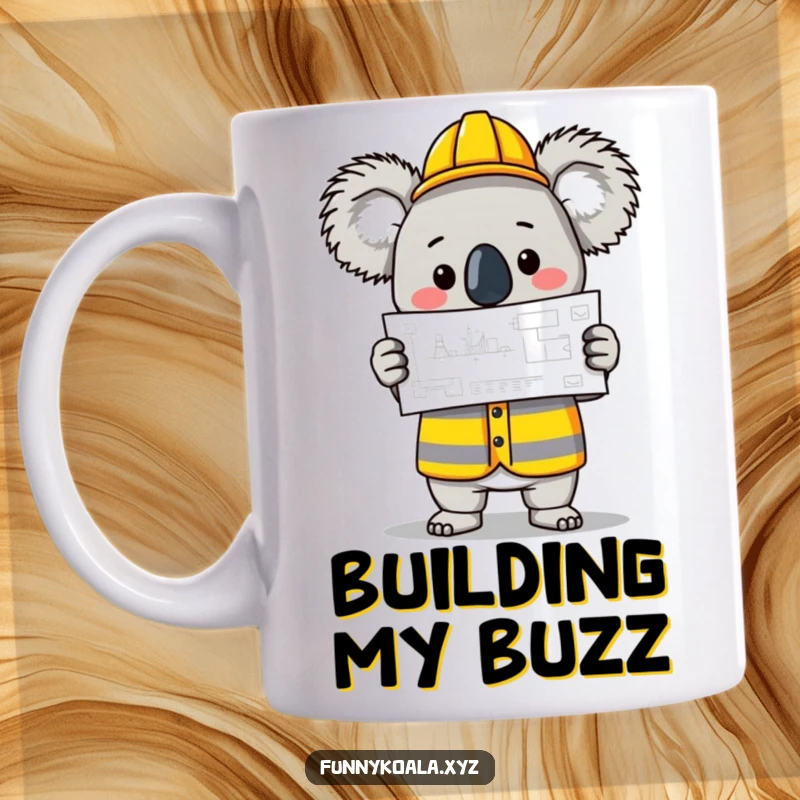 Funny Koala Builder Mug showing a koala in a construction vest holding a blueprint, ready to construct. Great funny gift.