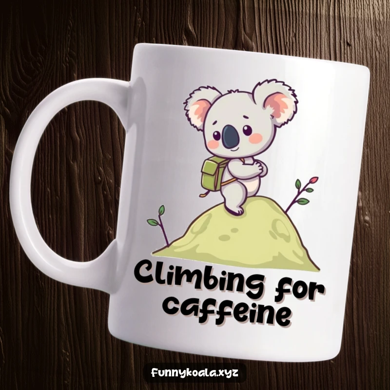 Funny Koala Hiking Mug showing a koala with a tiny backpack enthusiastically climbing a small hill, inspiring adventure. Great funny gift.