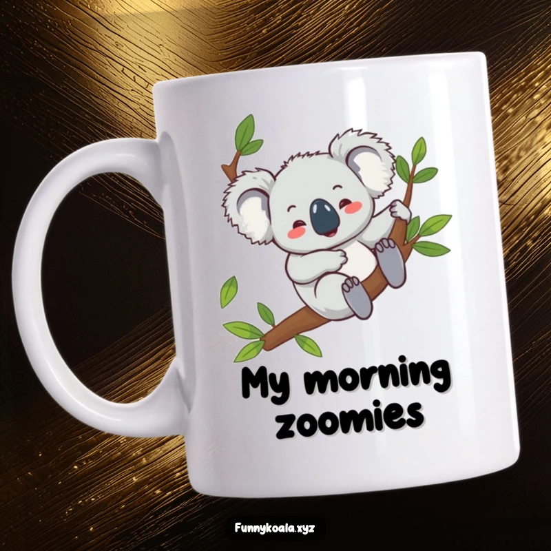 Funny koala mug showing a giggling koala character gleefully sliding down a eucalyptus branch, embodying pure, playful joy.