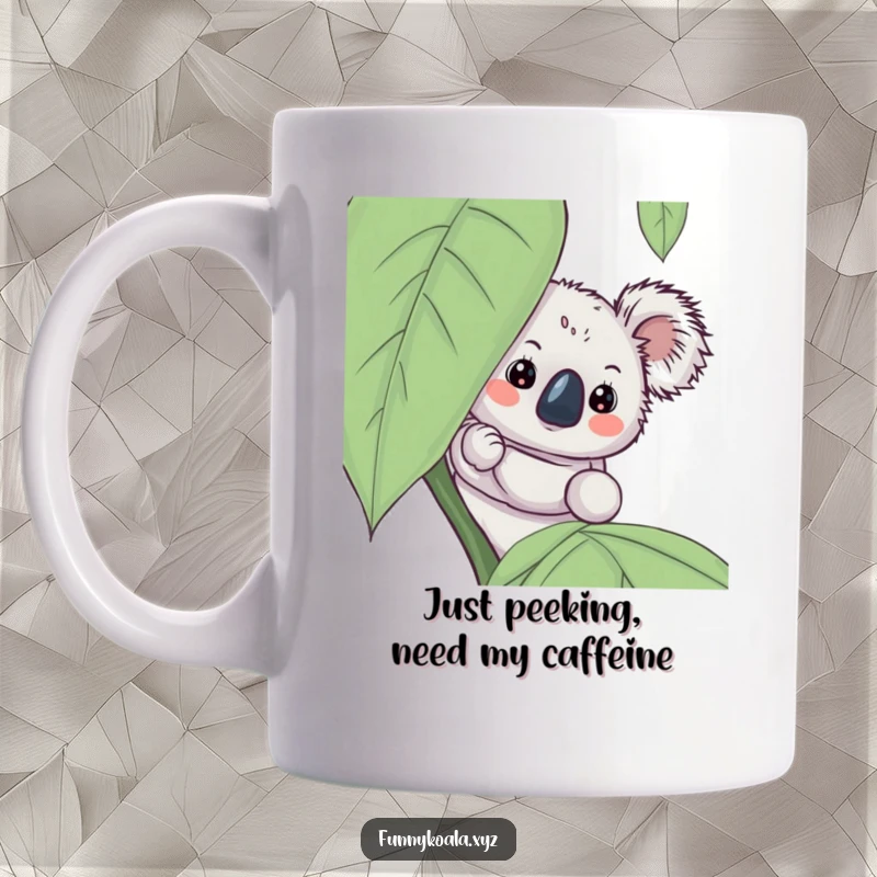 Funny koala mug featuring a curious koala peeking from behind a large leaf, showcasing adorable mischief and a playful spirit.