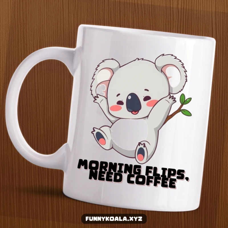 Funny koala mug depicting a koala mid-somersault with a joyful expression, capturing a moment of pure, silly fun.