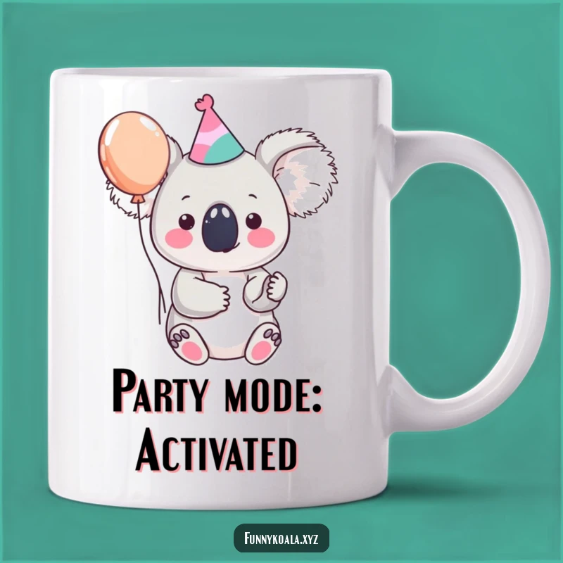 Funny Koala Party Mug: Festive Character with Hat & Balloon!