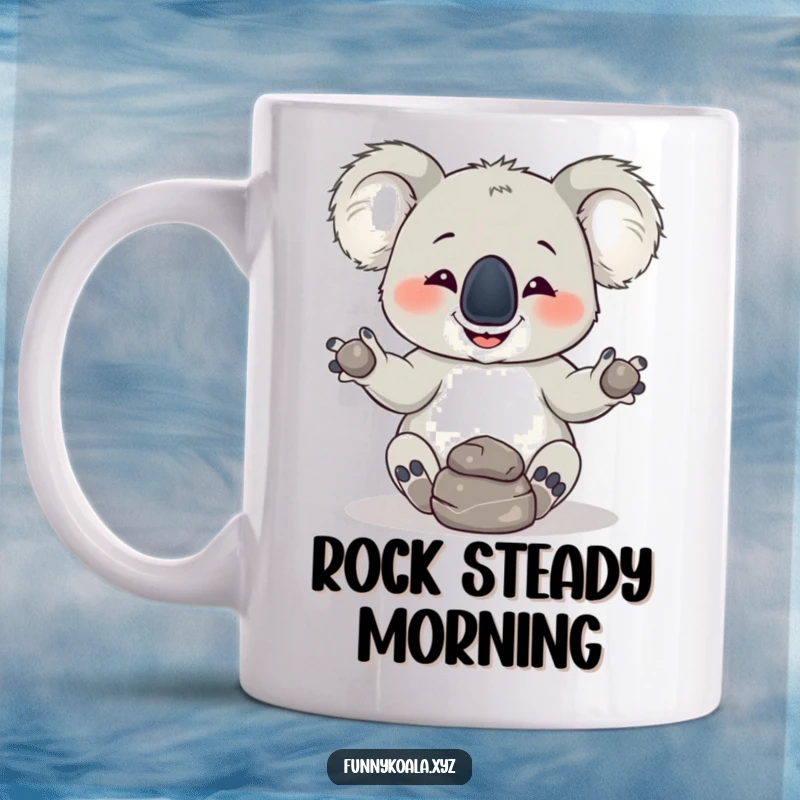 Funny Koala Mug: A mischievous koala joyfully juggles three rocks with a wide grin, perfect for a humorous gift.