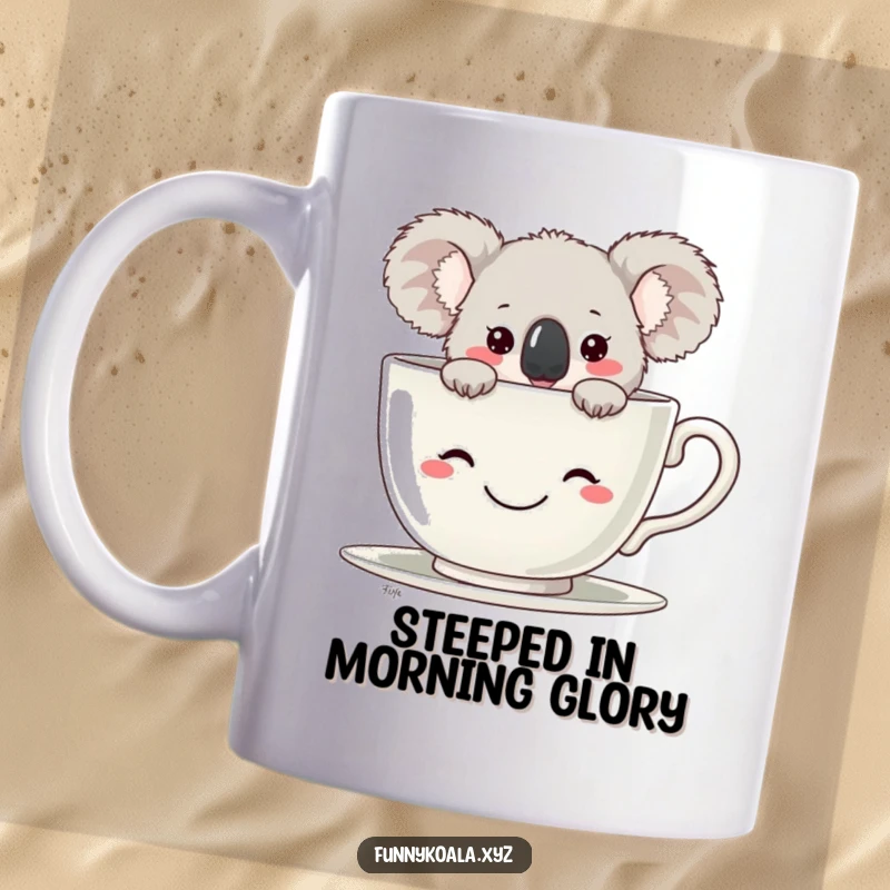 Funny Koala Mug featuring a cute koala peeking mischievously from behind a large, smiling teacup, perfect for tea lovers. Great funny gift.