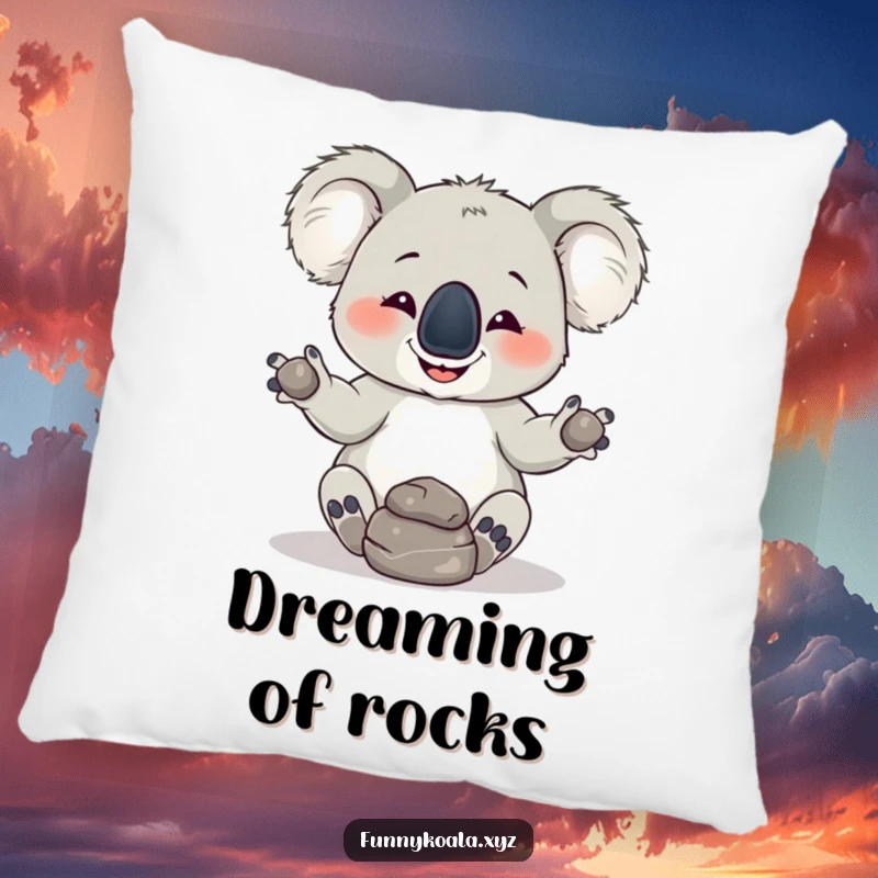 Funny Koala Pillow: A mischievous koala with a grin juggles three rocks, offering plush comfort and a humorous touch to your decor.