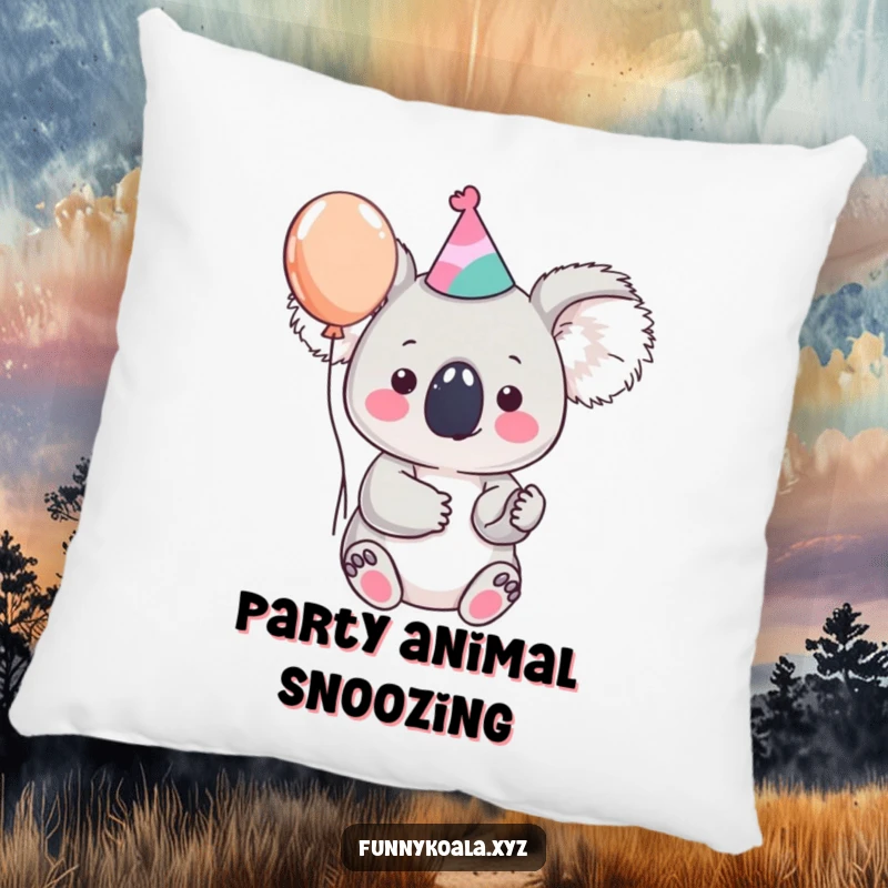 Funny koala pillow featuring a cute koala character wearing a party hat and holding a balloon, offering comfort and festive humor.