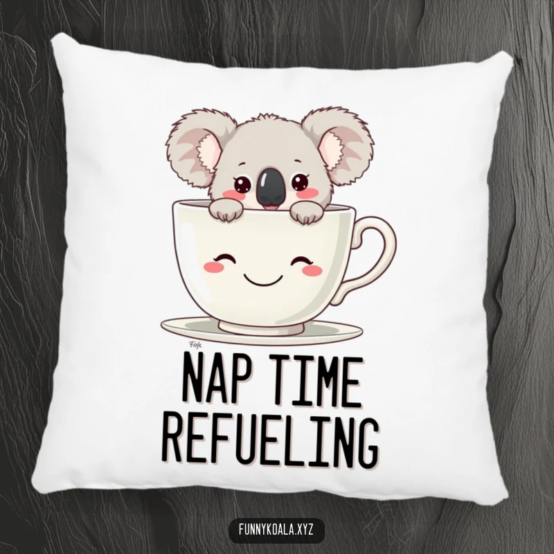 Funny Koala Pillow featuring a koala peeking from a large smiling teacup, offering comfort and a touch of humor. Great funny gift.