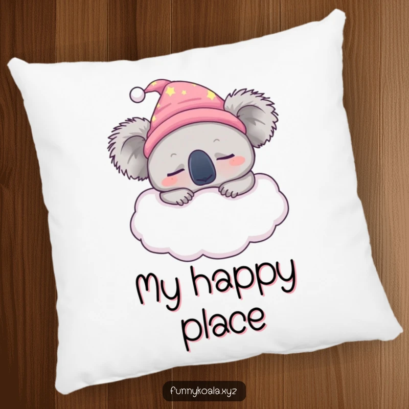 Funny sleepy koala pillow featuring a koala in a nightcap snoozing peacefully on a fluffy cloud, perfect for cozy relaxation.