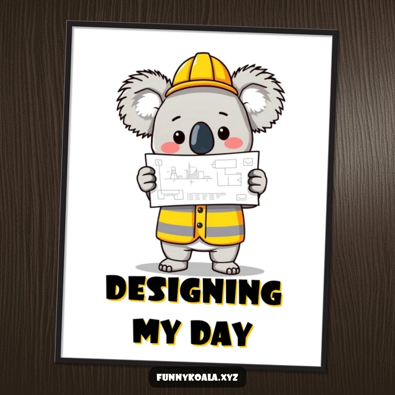 Funny Koala Builder Digital Art Print showing a koala in a construction vest holding a blueprint, offering instant humor. Great funny gift.