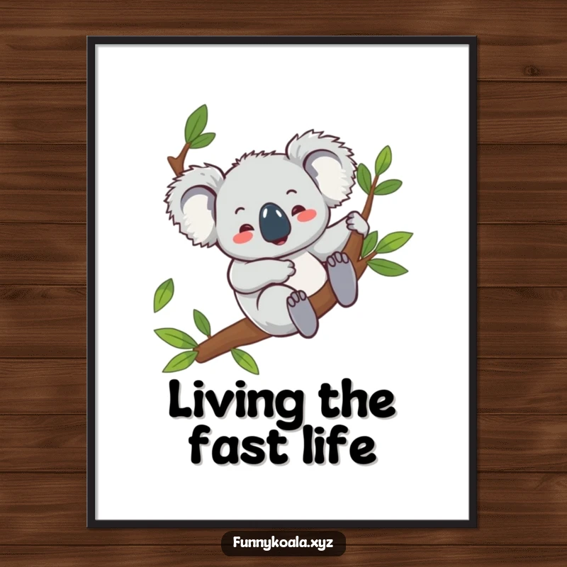 Funny koala digital art print showing a giggling koala character sliding down a eucalyptus branch, ideal for cheerful and humorous home decor.