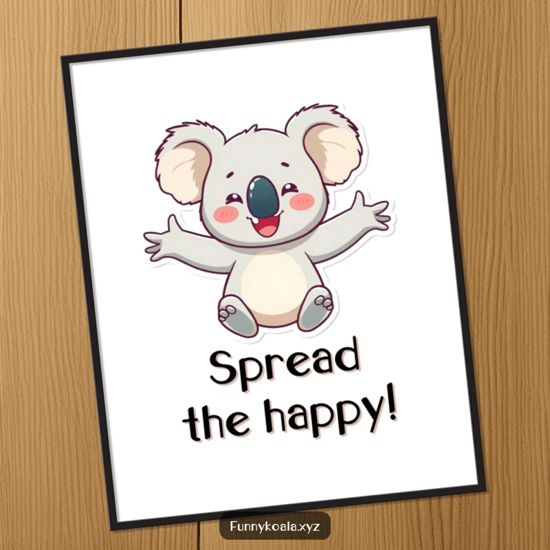 Funny koala digital art print showing a happy koala character with arms outstretched in delight, ideal for cheerful and joyful home decor.
