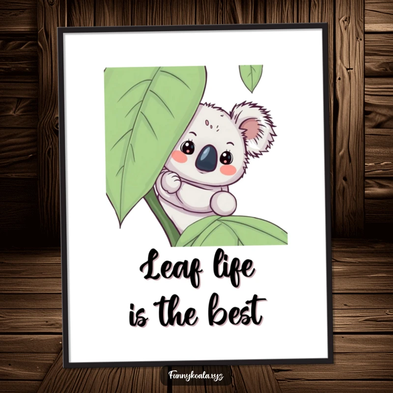 Funny koala digital art print of a curious koala peeking from behind a leaf, a charming and humorous piece for digital display.