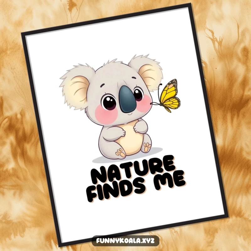 Funny Koala Butterfly Digital Art Print showing a koala with wide eyes watching a butterfly flutter, offering instant wonder. Great funny gift.