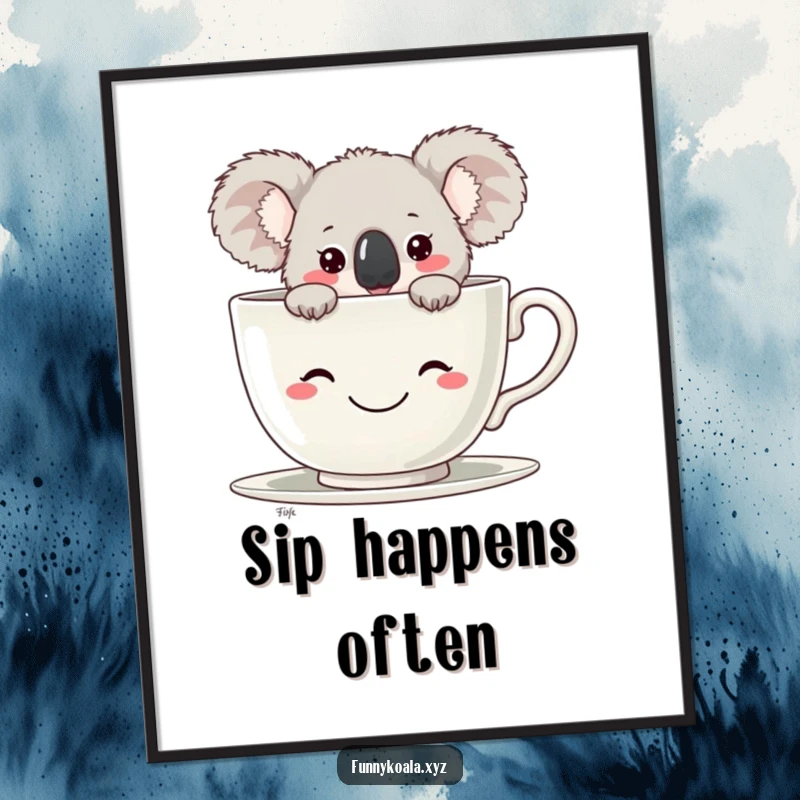 Funny Koala Digital Art Print showing a koala peeking from a giant smiling teacup, offering instant humor and charm. Great funny gift.