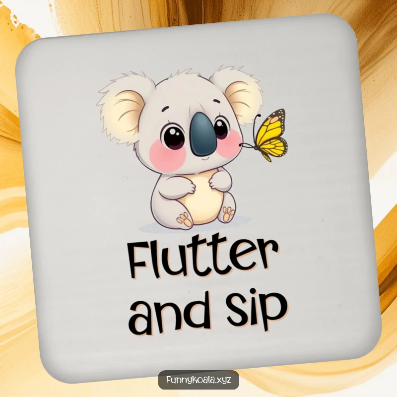 Funny Koala Butterfly Coaster featuring a koala watching a butterfly flutter, protecting surfaces with humor. Perfect funny gift.