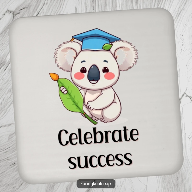 Funny graduation koala coasters depicting a happy koala in a tiny graduation cap waving a eucalyptus leaf, adding celebratory humor.