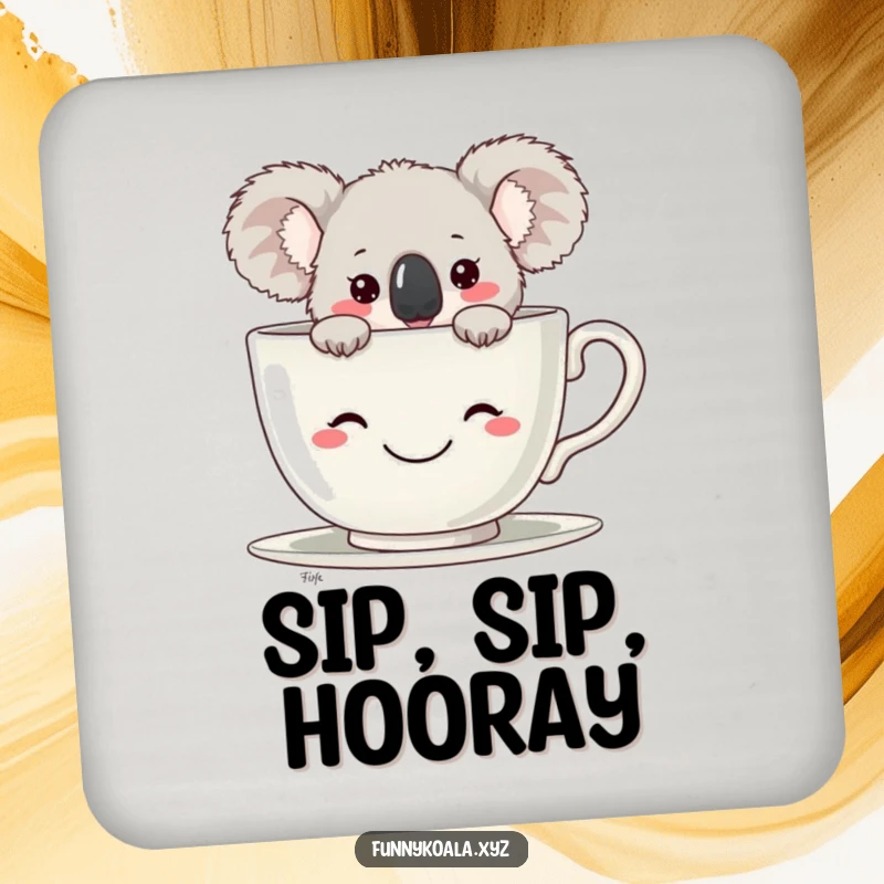 Funny Koala Coaster featuring a koala peeking from a large smiling teacup, protecting surfaces with humor. Perfect funny gift.