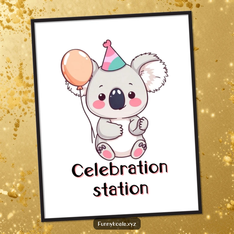 Funny koala poster depicting a cute koala character in a party hat holding a balloon, perfect for adding whimsical and festive humor to decor.