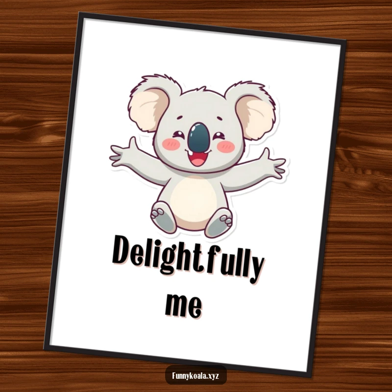 Funny koala poster depicting a happy koala character with arms outstretched in delight, adding pure joy and infectious happiness to wall decor.