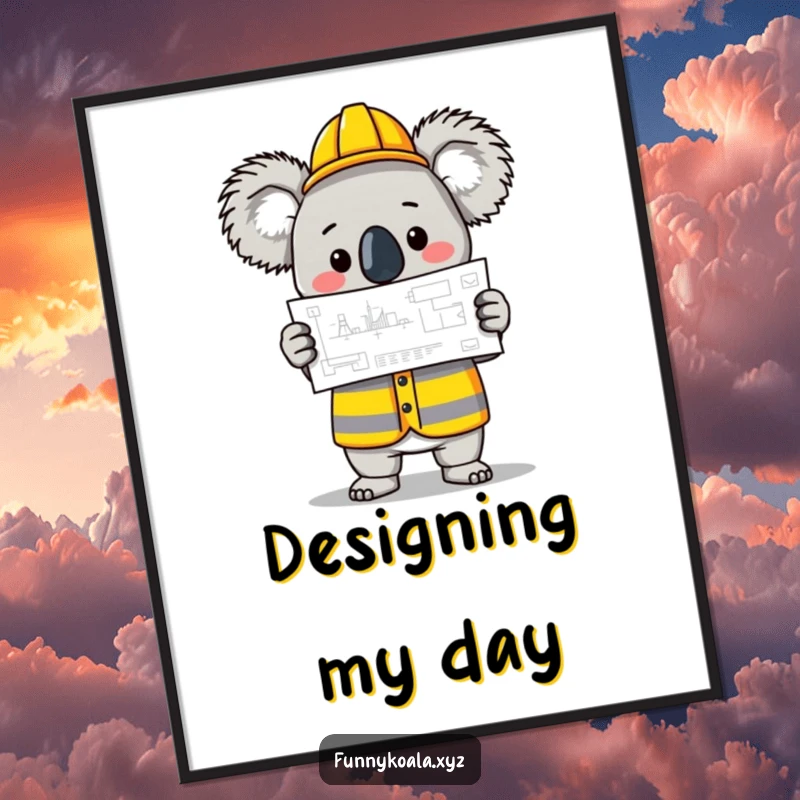 Funny Koala Builder Poster with a koala in a construction vest holding a blueprint, perfect for workshops. Perfect funny gift.
