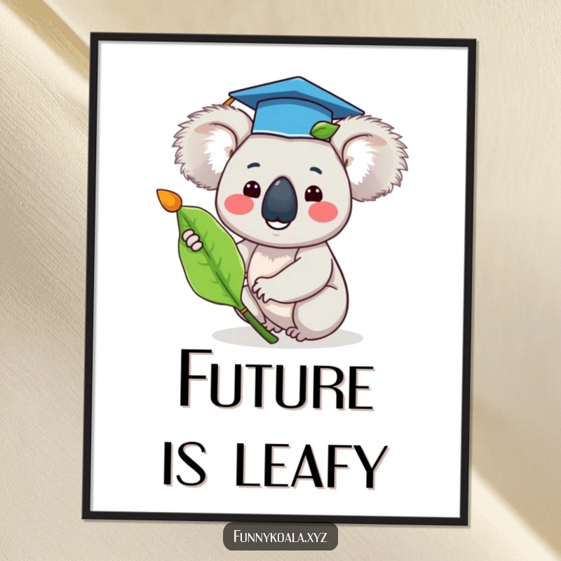 Funny graduation koala poster print of a happy koala wearing a tiny graduation cap and waving a eucalyptus leaf, signifying success.