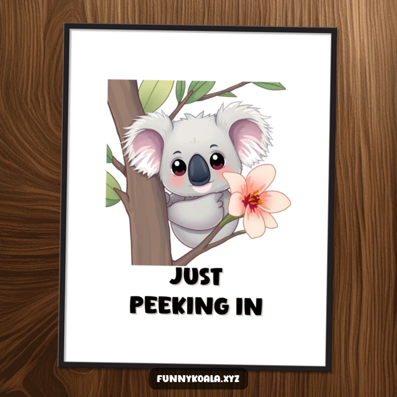 Funny Koala Poster: A curious koala with big eyes peeks from behind a large eucalyptus bloom, a delightful and humorous wall decoration.