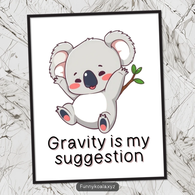 Funny koala poster art capturing a koala mid-somersault with a look of pure delight, perfect for adding whimsical decor.