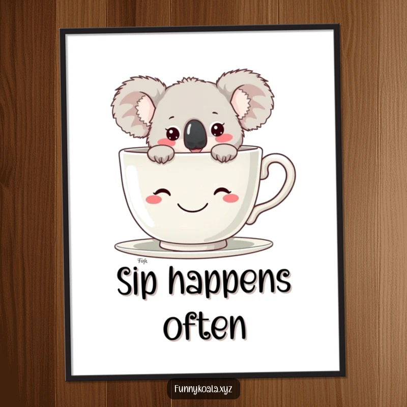 Funny Koala Poster depicting a koala peeking from a large teacup, ideal for adding humor and charm to wall decor. Perfect funny gift.