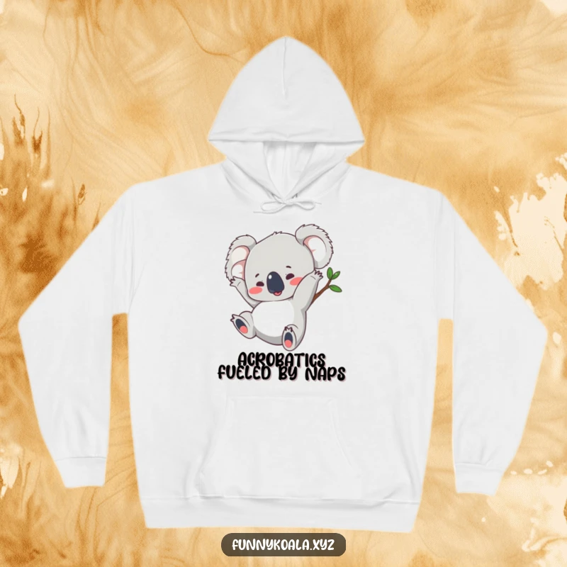 Funny koala hoodie with a playful koala executing a comical somersault, perfect for staying warm and cheerful during activities.