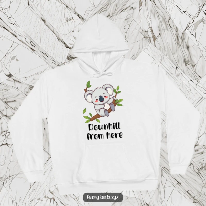 Funny koala hoodie featuring a giggling koala character sliding down a eucalyptus branch, perfect for warm, comfortable, and humorous wear.