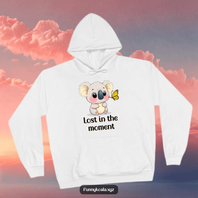 Funny Koala Butterfly Hoodie showing a koala with wide eyes watching a butterfly flutter, providing warmth and gentle humor. Wonderful funny gift.