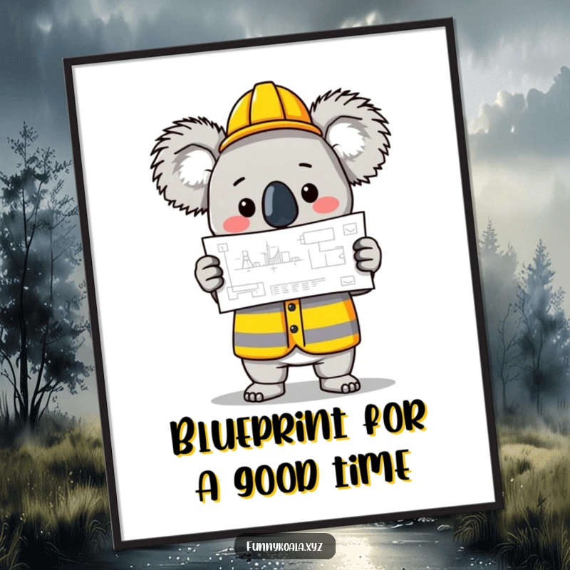 Funny Free Printable Wall Art of a koala in a construction vest happily holding up a blueprint, symbolizing planning and creativity.