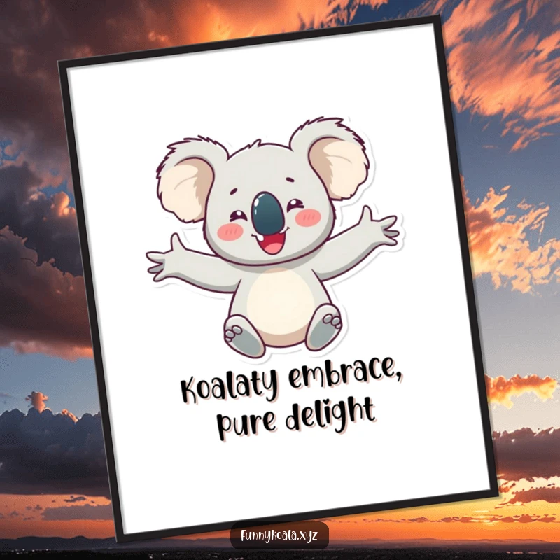 Funny Free Printable Wall Art of a delighted koala character with arms outstretched, looking incredibly happy and pleased.