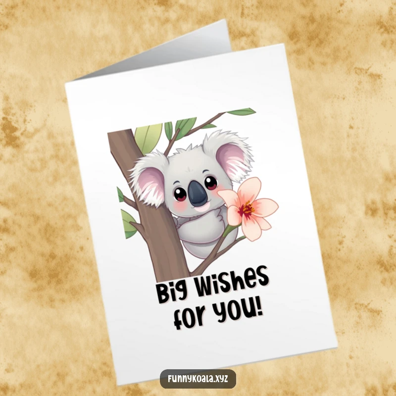 Free Printable Birthday Card: A curious koala with wide eyes peeks from behind a large eucalyptus bloom.