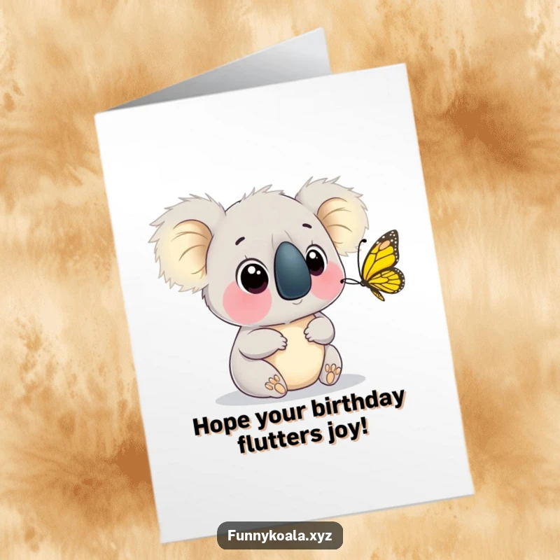Funny Free Printable Birthday Card featuring a koala with wide eyes mesmerized by a butterfly fluttering near its nose, celebrating wonder.
